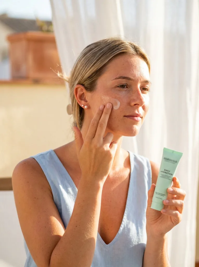 woman with fair skin and freckles applying lightweight summer gel moisturizer in bright daylight near a window