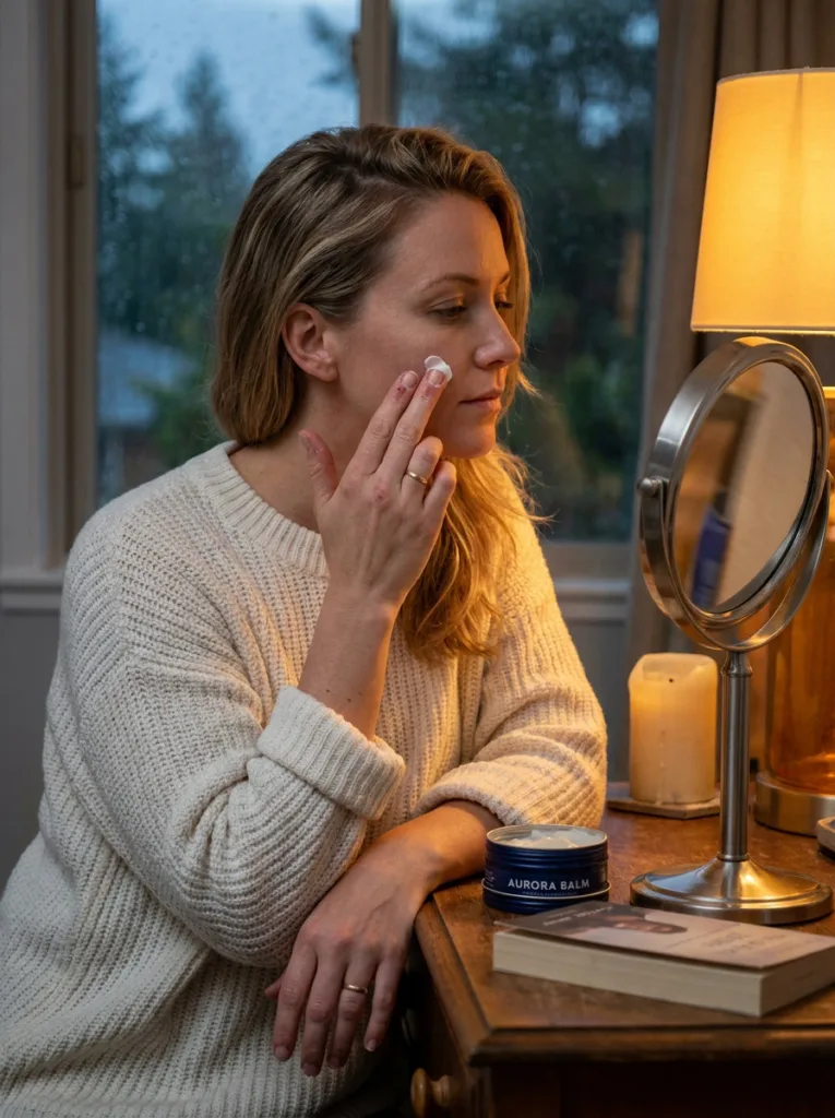 woman in chunky knit sweater scooping rich winter moisturizer from navy jar at bedroom vanity in warm amber lamplight