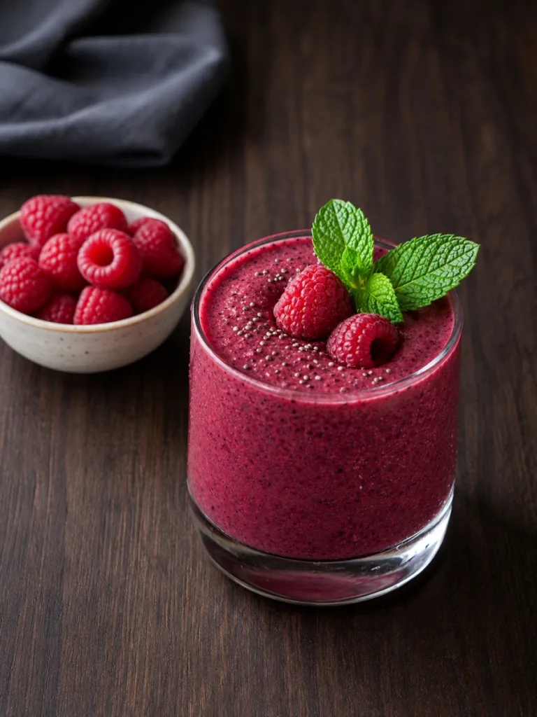 Berry collagen biotin smoothie recipe with fresh raspberries in a glass