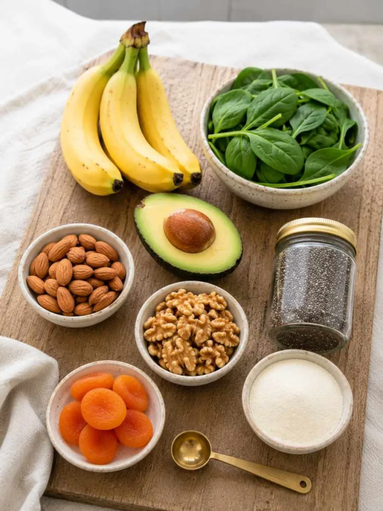 Flat lay of biotin-rich foods for hair growth including bananas, avocado, almonds, walnuts, and spinach on a wood board