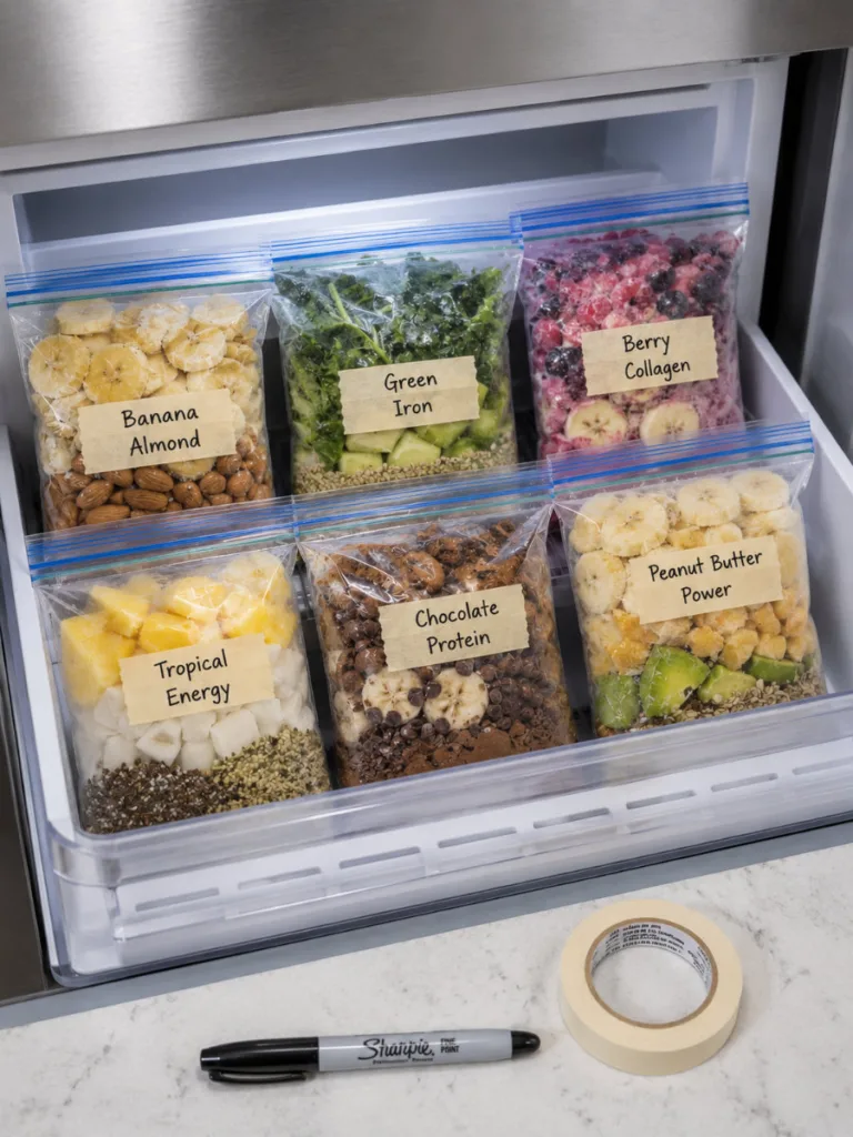 Labeled freezer bags of biotin smoothie recipe ingredients ready for meal prep