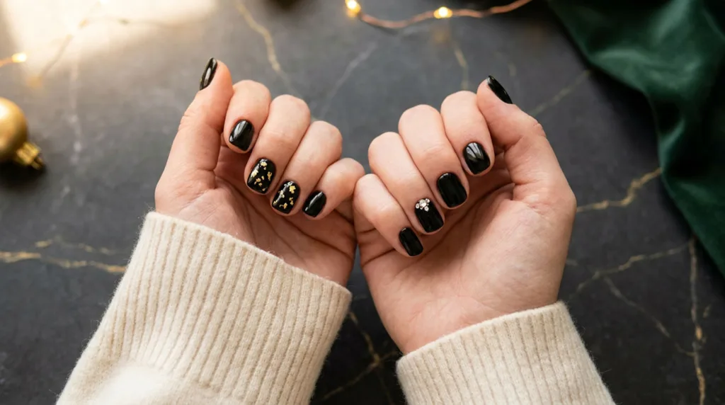 Two hands with glossy black Christmas nails, gold foil accents, and rhinestones resting on a marble surface with fairy lights