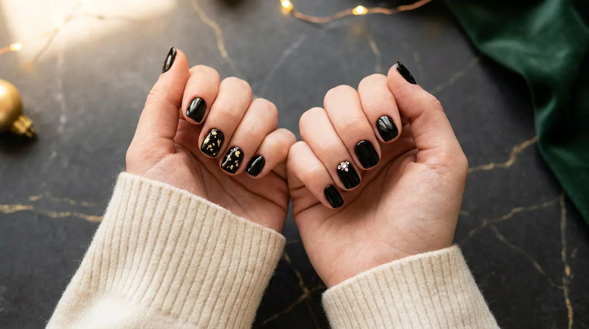 Two hands with glossy black Christmas nails, gold foil accents, and rhinestones resting on a marble surface with fairy lights