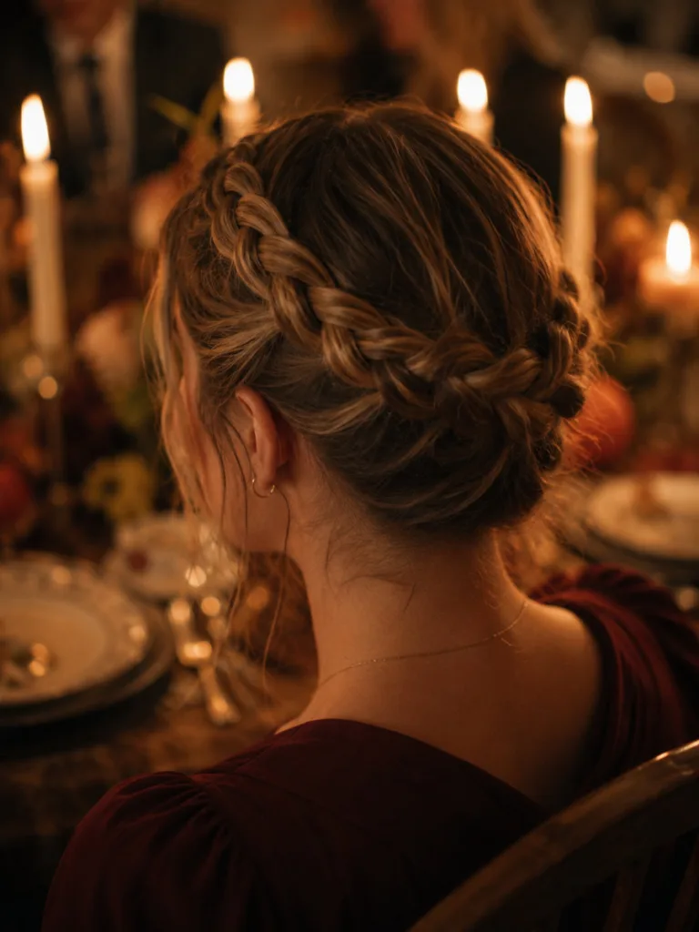 Close-up of a braided crown Thanksgiving hairstyle lit by candlelight at a dinner table