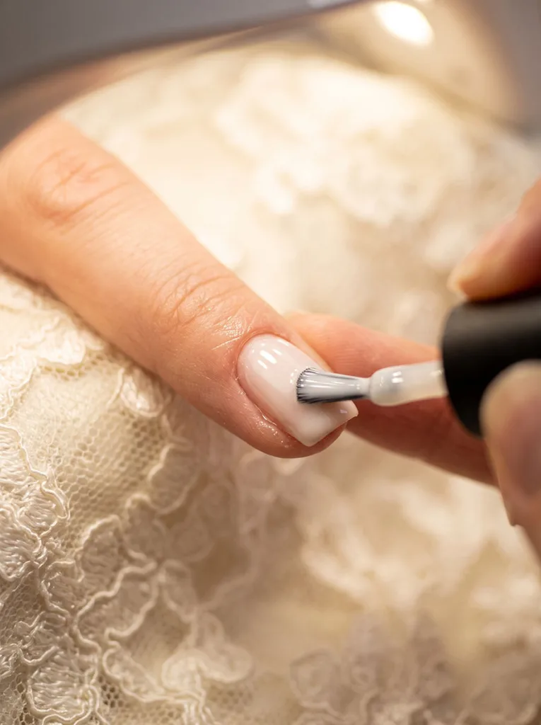 close-up of a milky white polish being applied during a bridal trial manicure