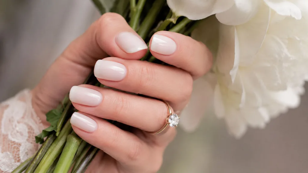 Close-up of a milky white wedding manicure and engagement ring