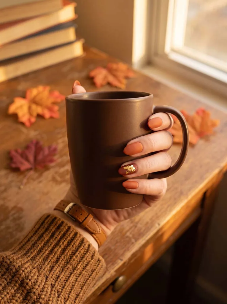 Fair-skinned hand in oversized caramel knit sweater with burnt orange matte nails wrapped around a dark brown ceramic mug in autumn golden hour light