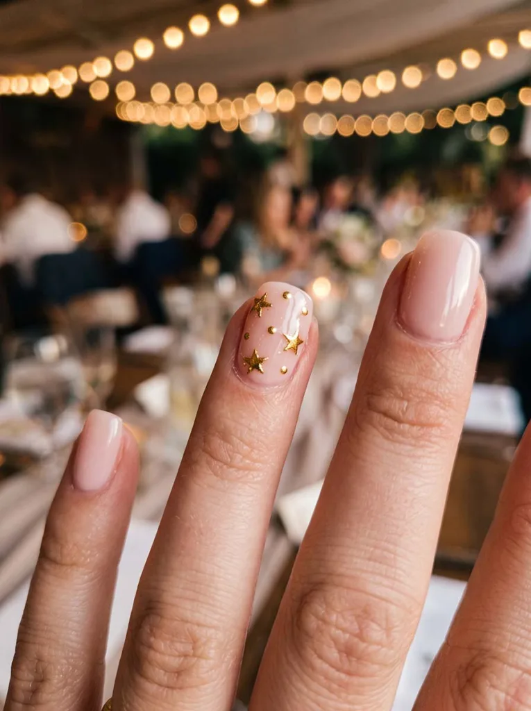 close-up of celestial accent wedding nails under evening string lights