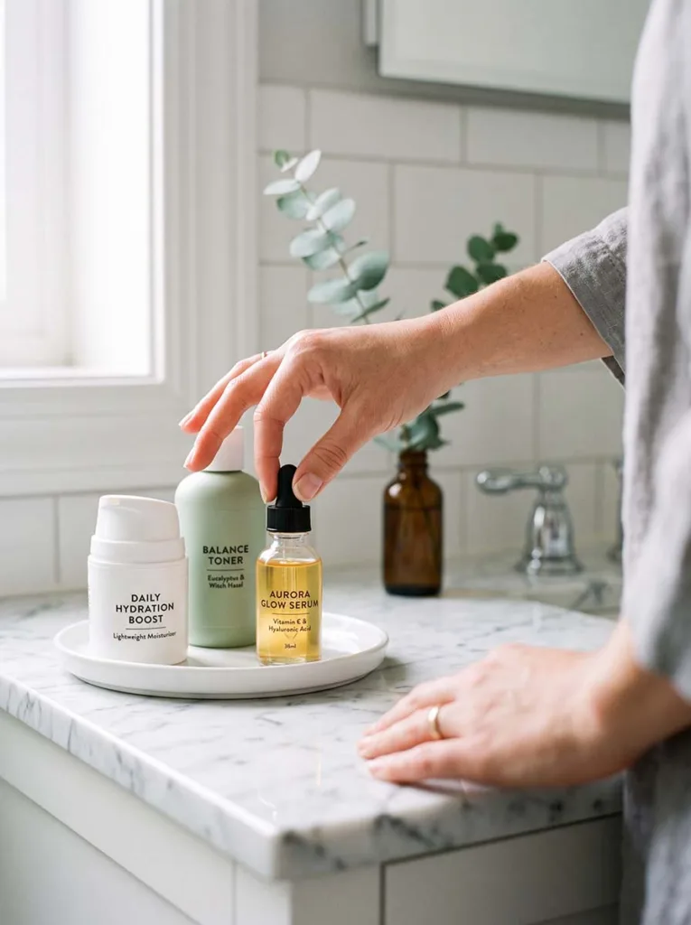 ceramide serum and hyaluronic acid moisturizer on marble bathroom counter for skin barrier repair