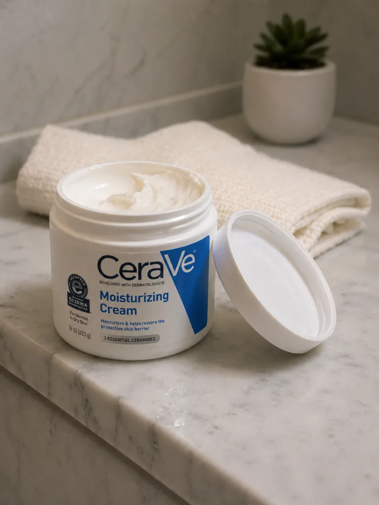 CeraVe moisturizing cream tub open on a white marble bathroom shelf showing used cream inside