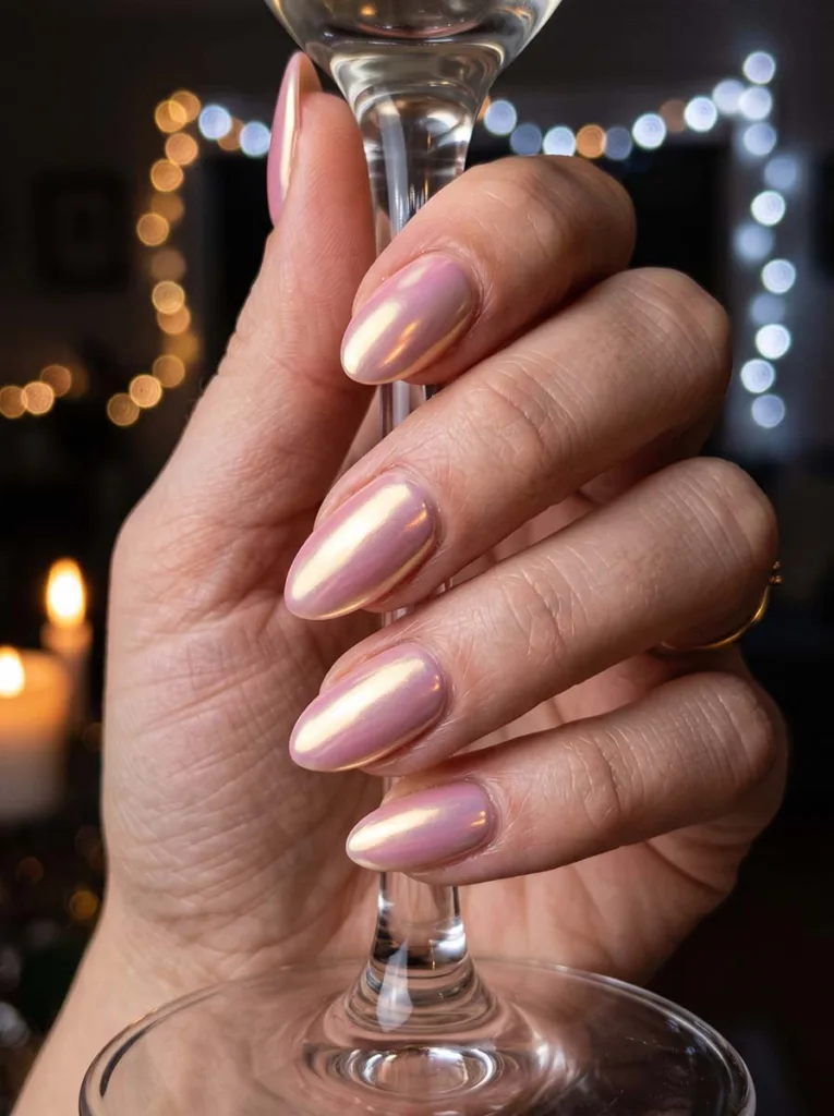 close-up of chrome pearl finish wedding nails