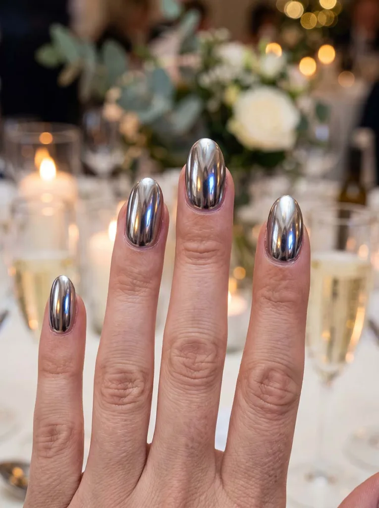 close-up of chrome wedding nails at an evening reception