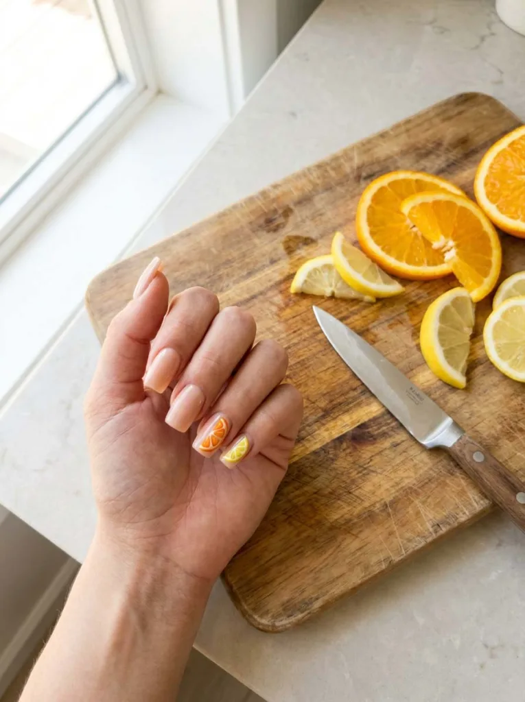 Citrus slice summer nails resting beside fresh orange and lemon slices on a cutting board