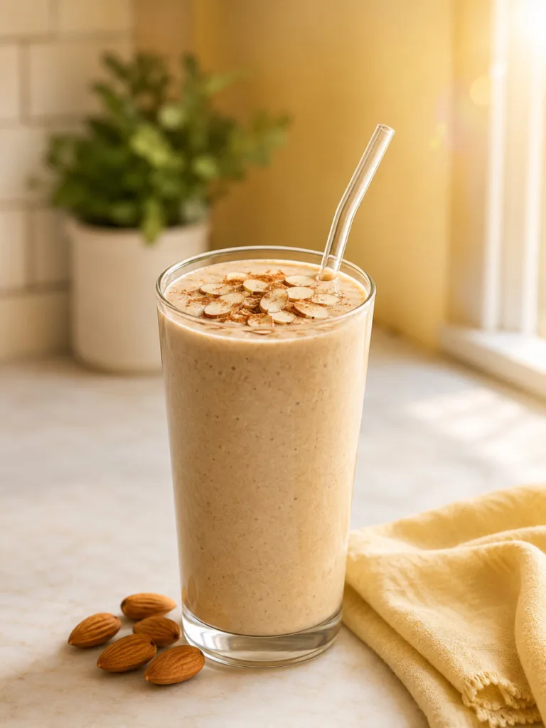 Classic banana almond biotin smoothie in a glass with sliced almonds on top for hair growth