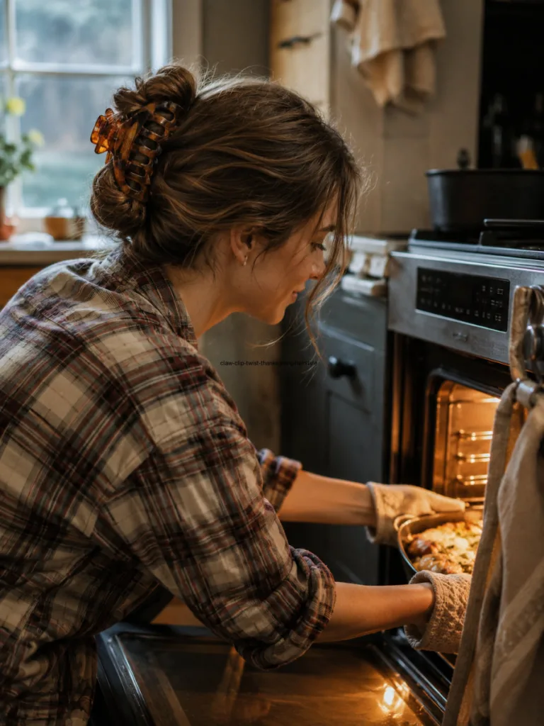 Woman with a claw clip twist Thanksgiving hairstyle reaching into the oven
