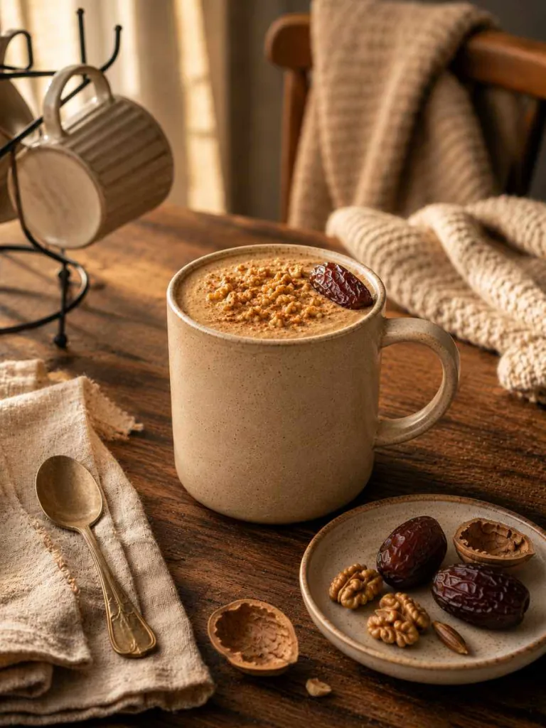 Creamy date and walnut overnight soak biotin smoothie in a mug for hair growth