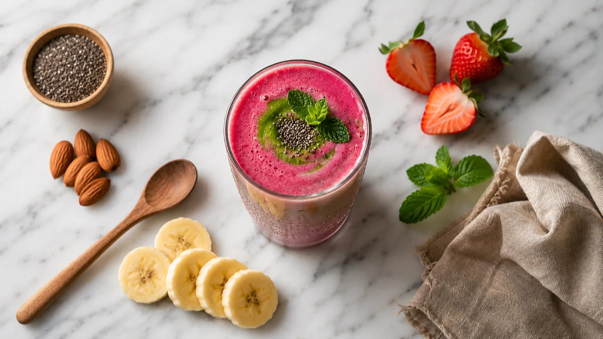 Overhead flat lay of a delicious biotin smoothie for hair growth surrounded by bananas, almonds, and strawberries on a marble counter
