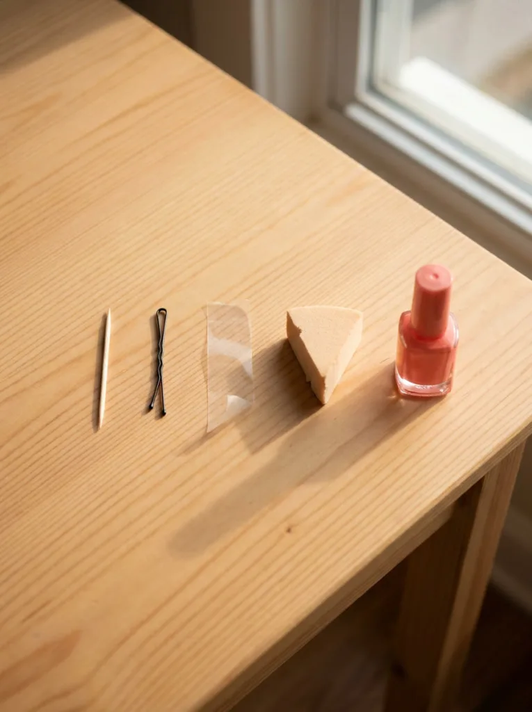household tools for nail art at home including toothpick bobby pin scotch tape and makeup sponge on wood table