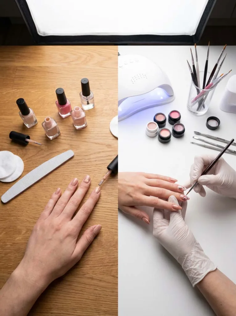 DIY manicure supplies next to professional salon gel tools for summer nails