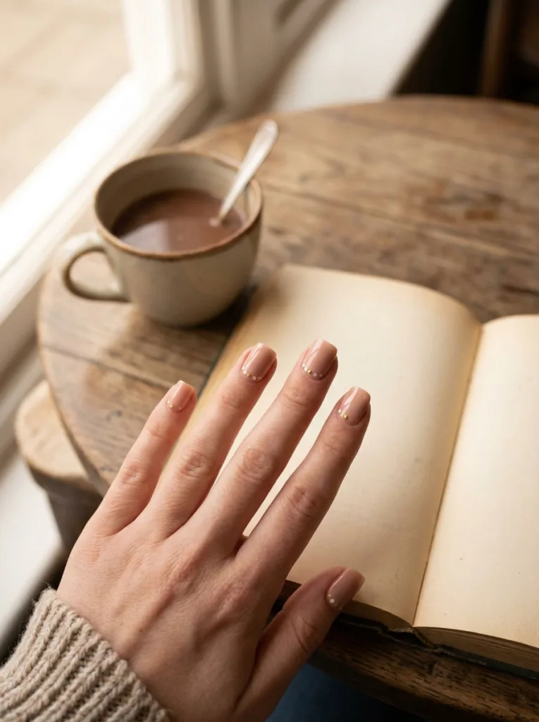 Dotted cuticle line short summer nails resting on an open book at a café table