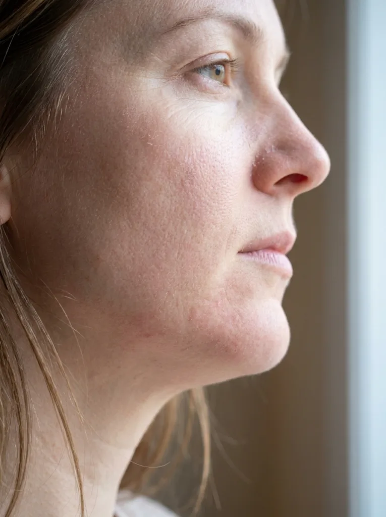 Close-up of dry flaky skin on a fair-skinned woman's cheek showing winter skin barrier damage and redness