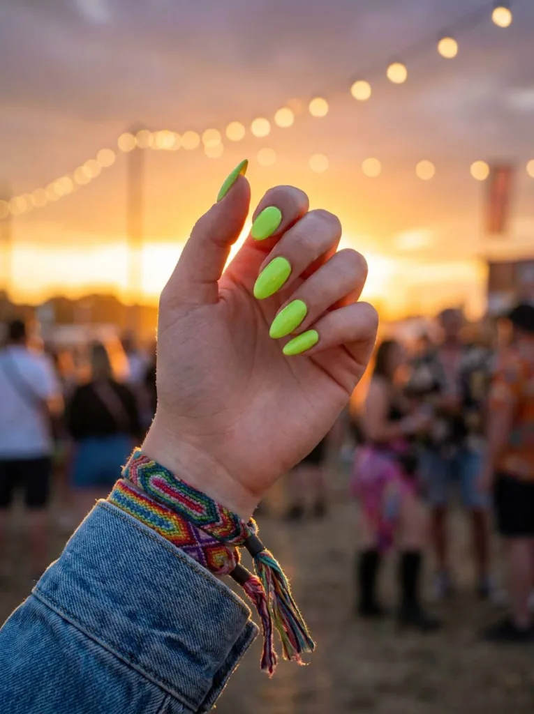 Electric lime summer nails on a hand with festival bracelets at golden hour