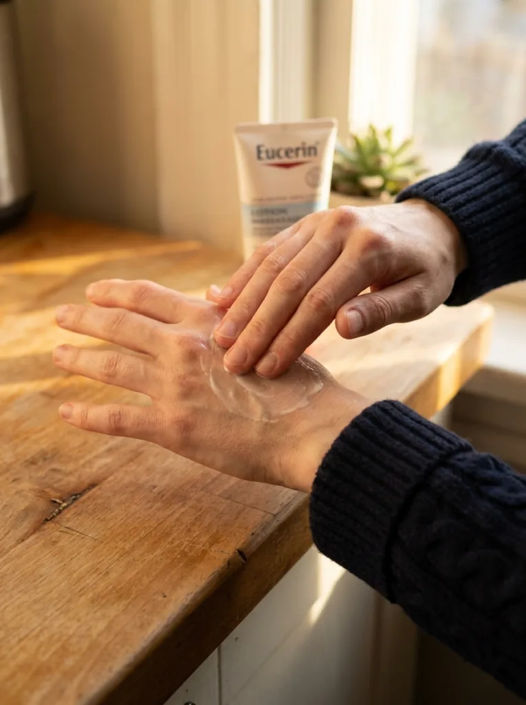 Fair-skinned woman massaging Eucerin advanced repair hand cream into dry winter hands on a warm wooden kitchen counter