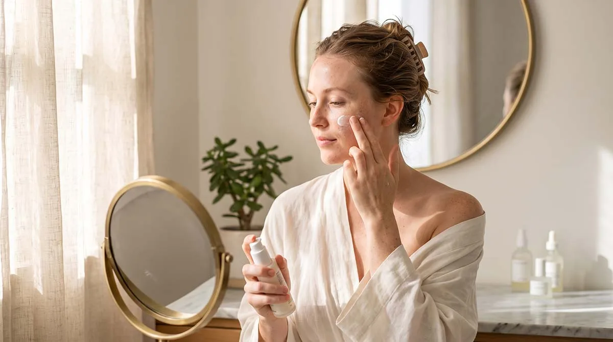 skincare tips for sensitive summer skin — woman applying mineral sunscreen at a bright vanity