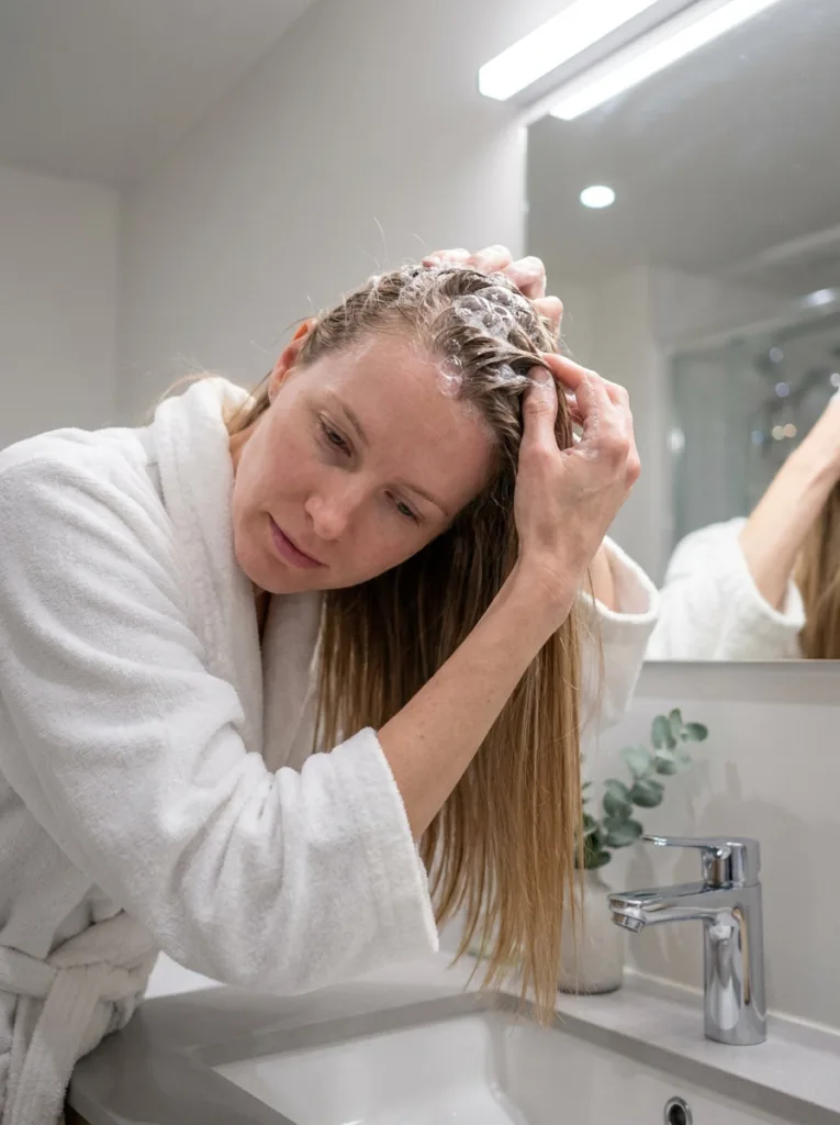 Massaging clarifying shampoo into roots for fine, oily hair care