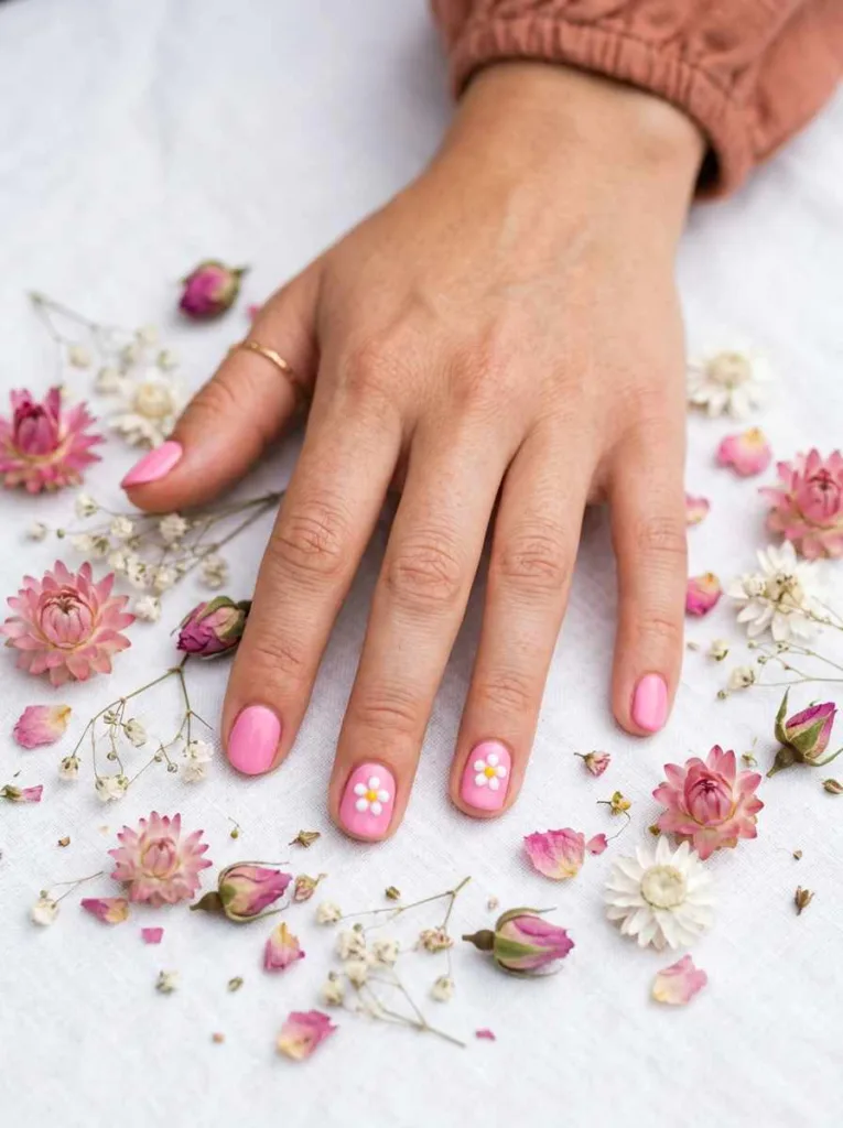 floral dot nail art white petals yellow center on bubblegum pink nails fair skin outdoors with dried flowers