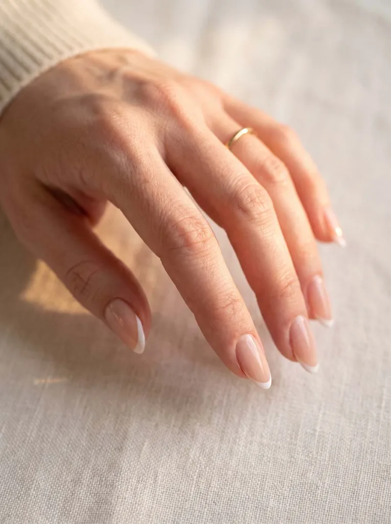 Close-up of micro French tip nails on almond-shaped fingers resting on ivory linen, lit by afternoon window light