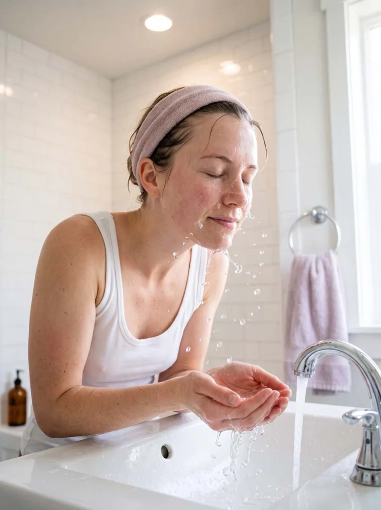 woman with fair skin rinsing face with cool water in bathroom, eyes closed, gentle cleansing routine