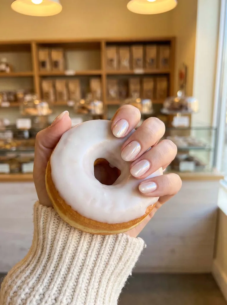 Fair-skinned hand with glazed donut sheer milky nails cradling a white-iced ring donut in warm bakery light