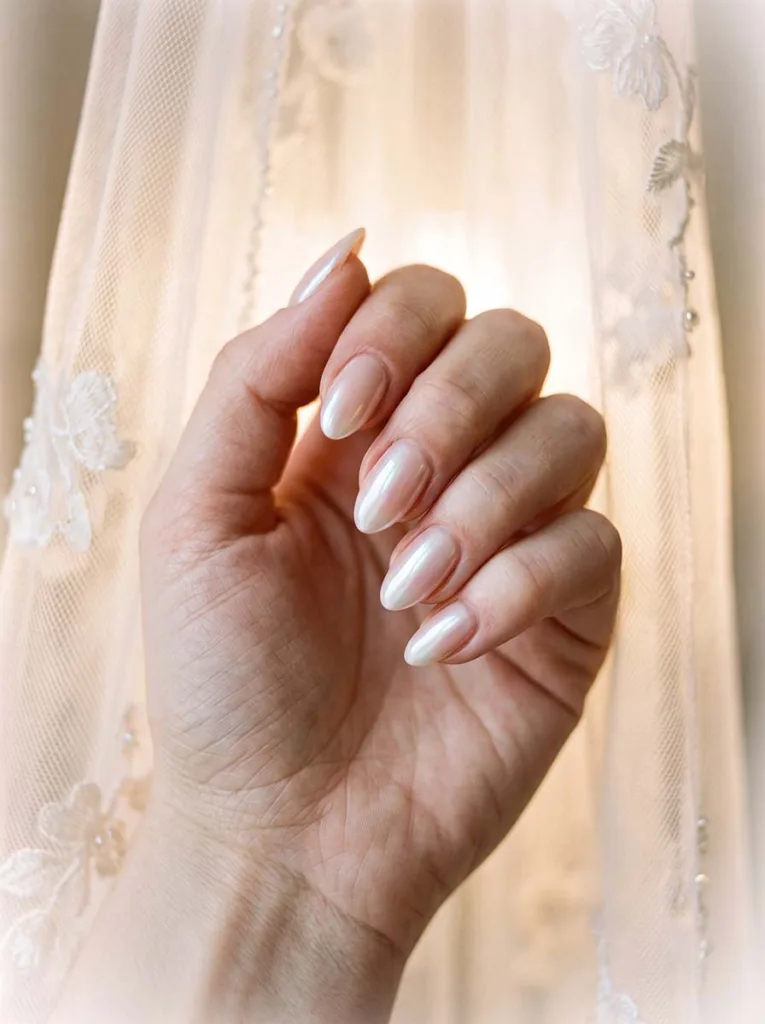 close-up of glazed donut wedding nails in front of a bridal veil