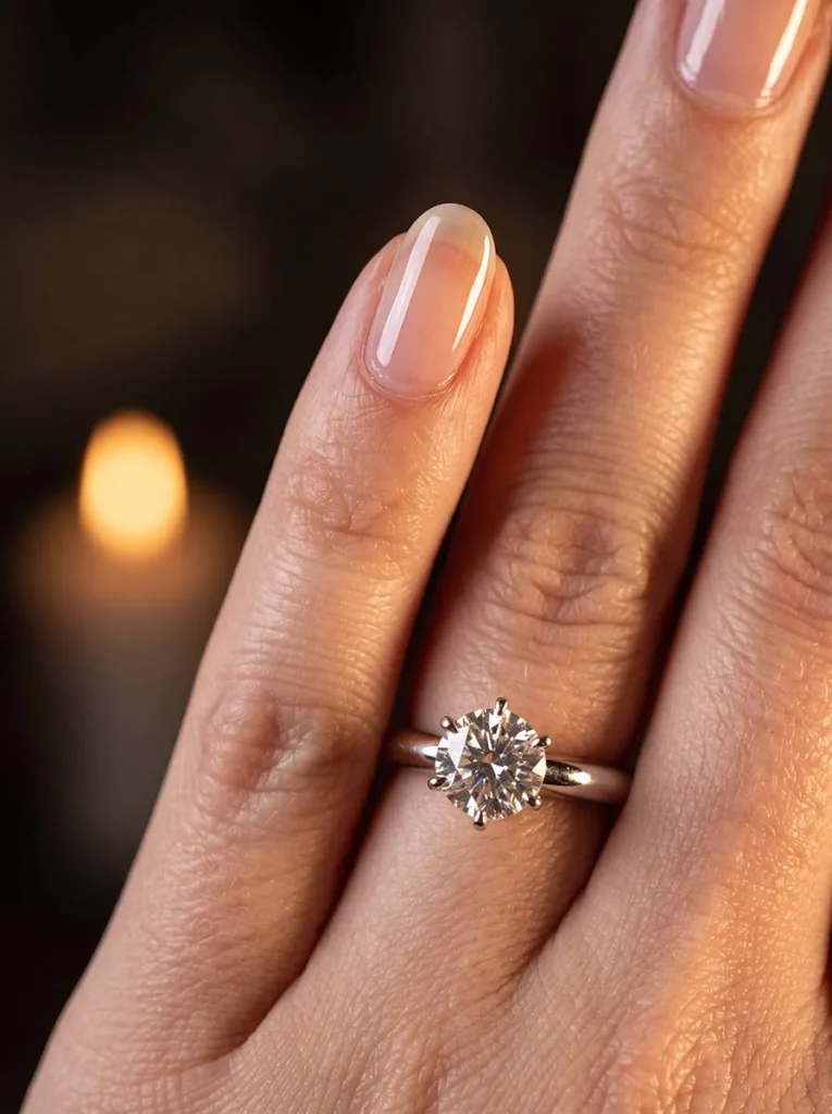 shot of a glossy clear top coat wedding nail and engagement ring