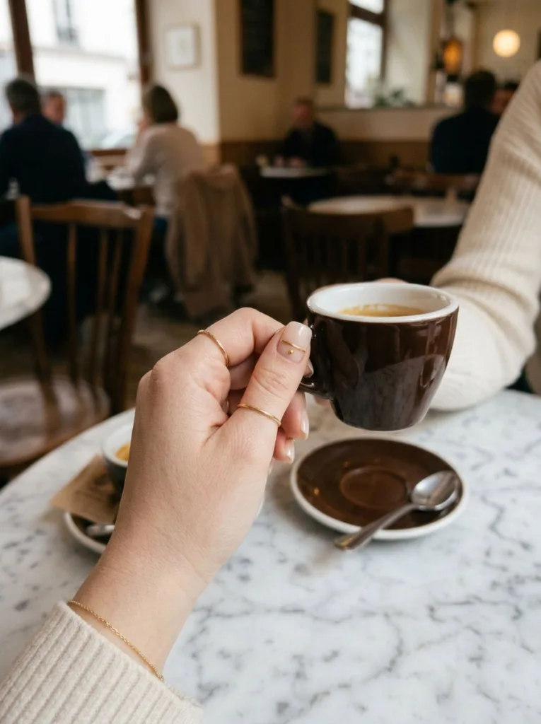 Single gold accent summer nails holding an espresso cup at a marble café table