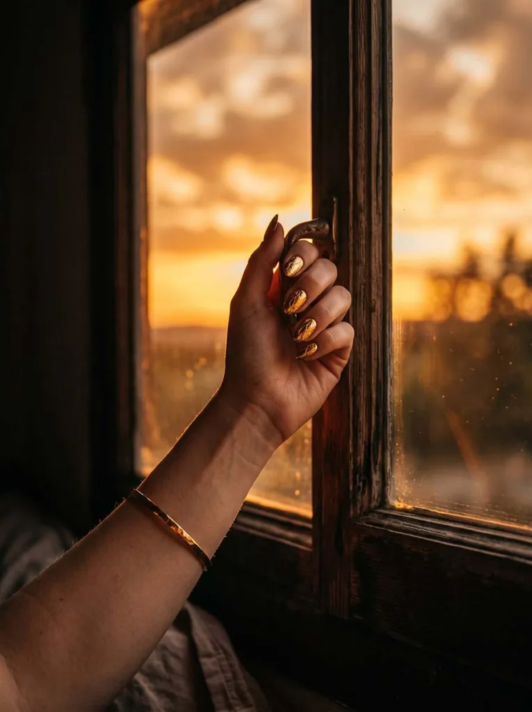 Fair-skinned hand with crinkled gold foil oval nails silhouetted against warm sunset light streaming through a window