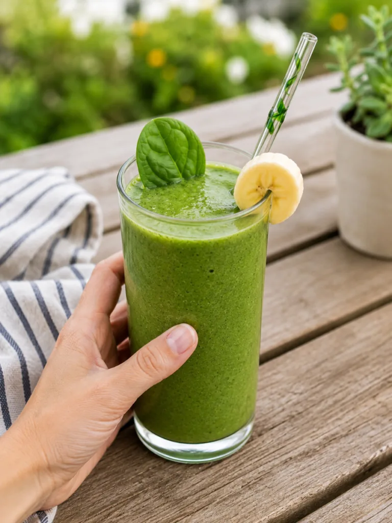 Green iron-boost biotin smoothie in a mason jar held outdoors for hair growth