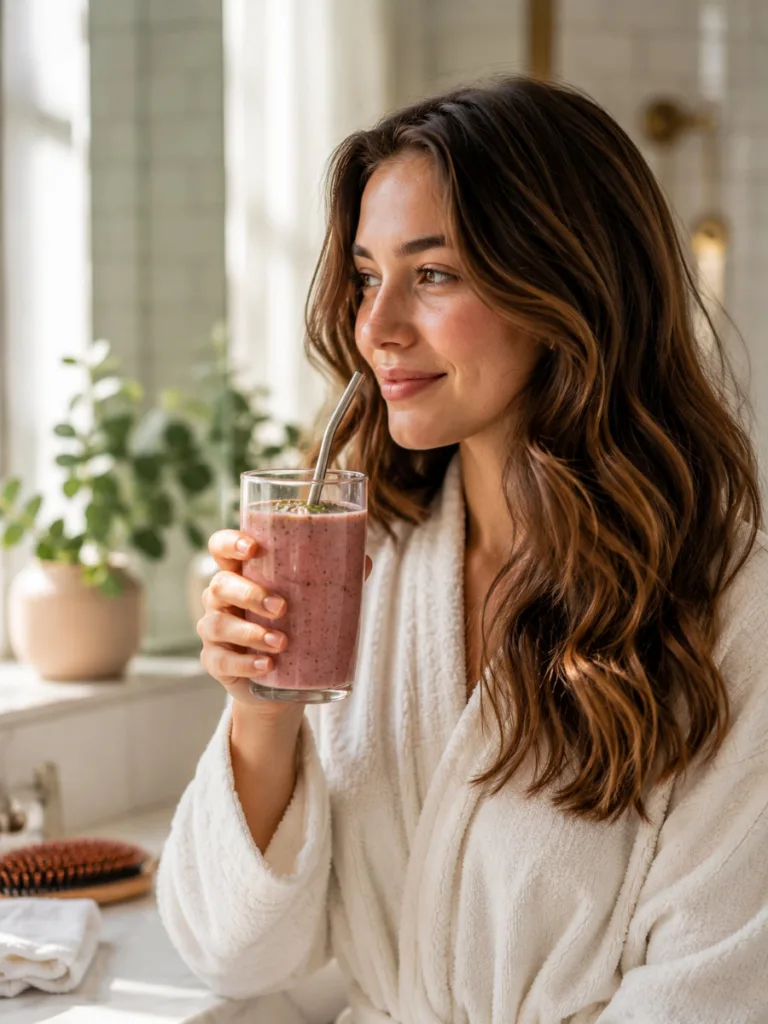 Woman holding a hair growth smoothie during her morning routine in a sunlit bathroom
