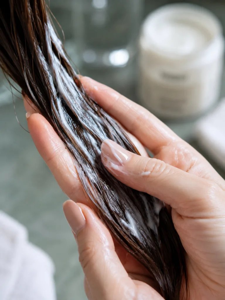 Applying a protein treatment mask to damaged hair for deep repair