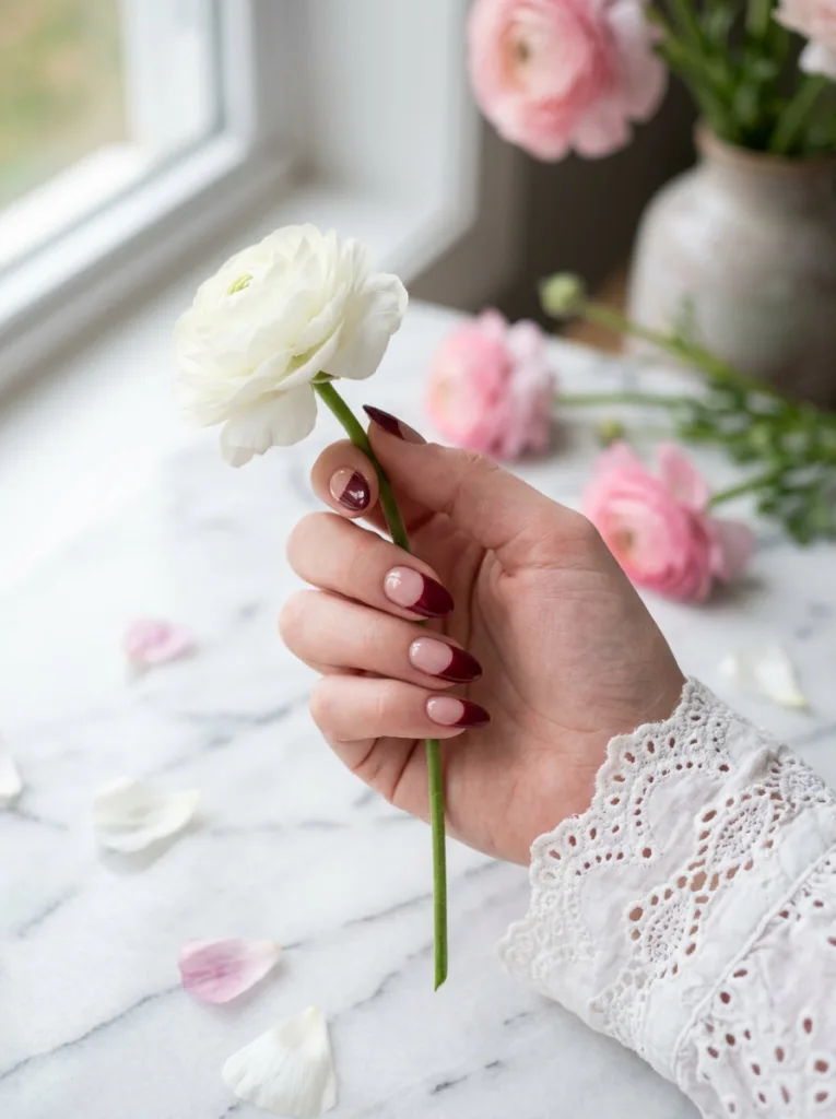 half moon nail art dark wine over nude base fair skin hand holding white ranunculus flower