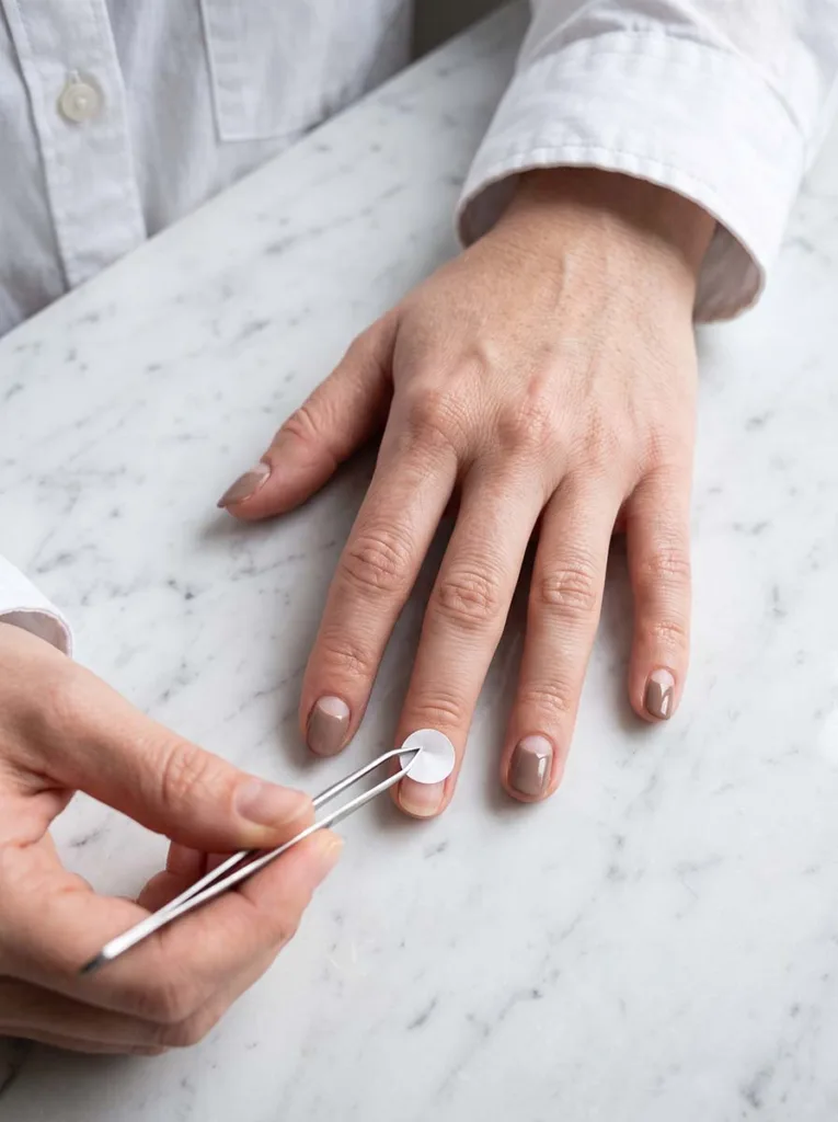 Fair-skinned hand showing half-moon nail design in progress on white marble — completed nails visible with circular sticker still on ring finger