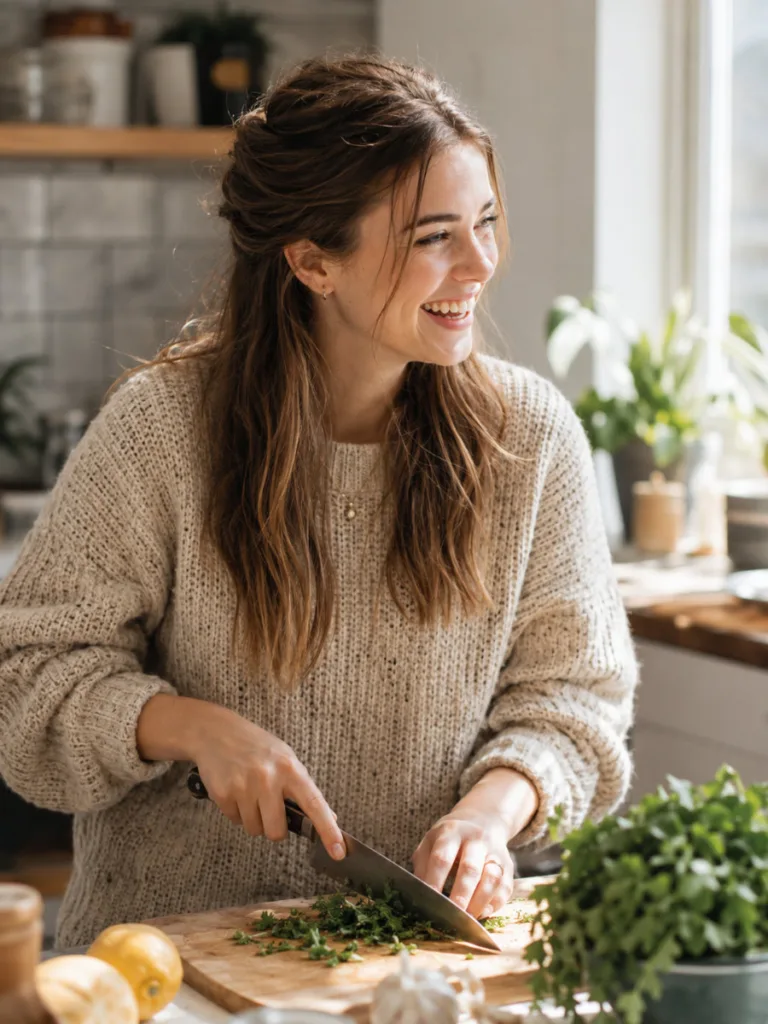 Woman with a half-up twist Thanksgiving hairstyle laughing while cooking