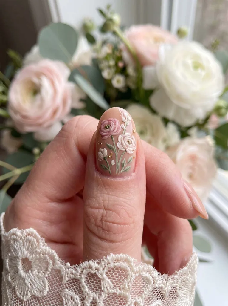 close-up of hand-painted floral wedding nail art beside a matching bouquet