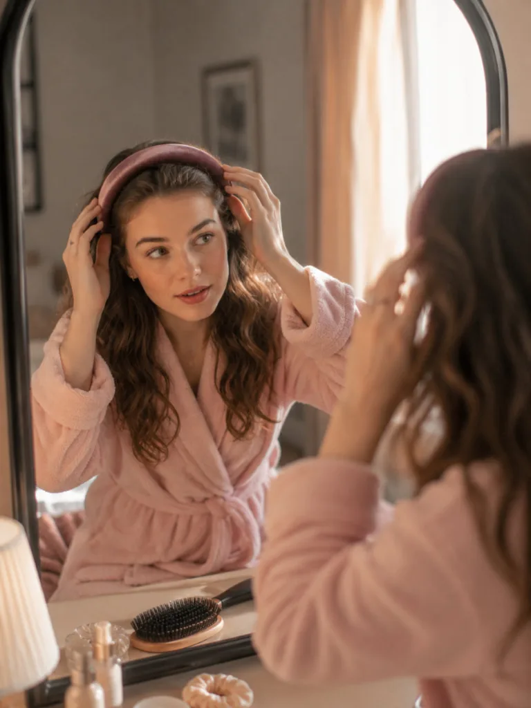 Woman adjusting a velvet headband over waves for a quick Thanksgiving hairstyle