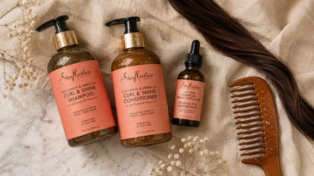 Flat lay of hair care products including shampoo, conditioner, and oil for a healthy hair routine
