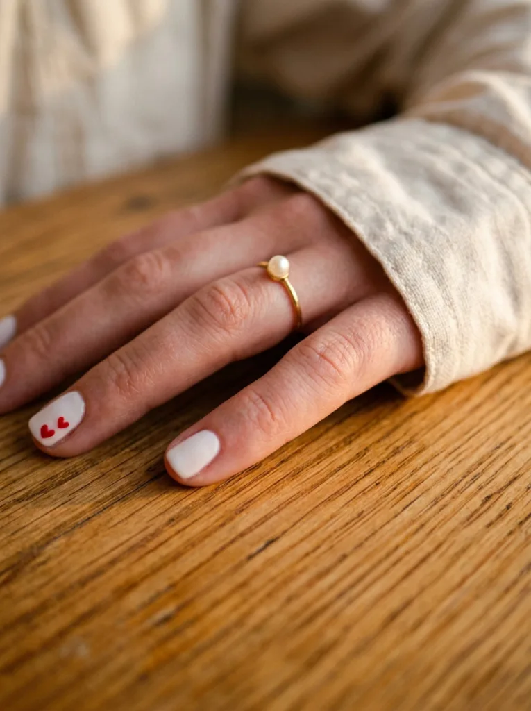 heart nail art two small red hearts on white base nail fair skin close up on warm wooden surface