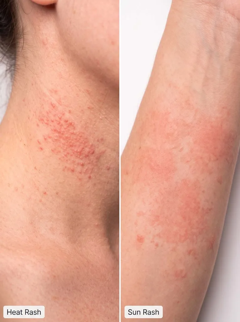 close-up comparison of heat rash small red bumps on neck versus sun rash larger patches on forearm