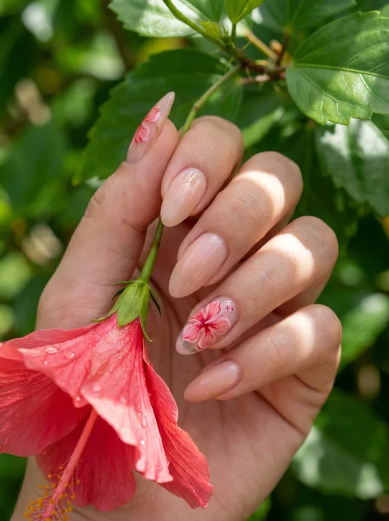 Hibiscus floral summer nails holding a fresh hibiscus flower in a garden setting