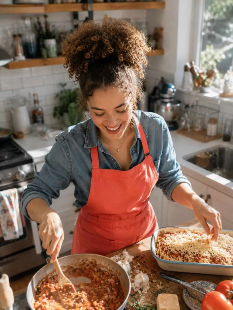 Woman with a high curly puff Thanksgiving hairstyle cooking in a bright kitchen